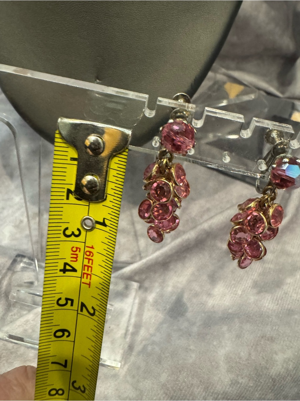 Pink Crystal Bezel Set Cluster Drop Earrings -Clips - Picture 2 of 3